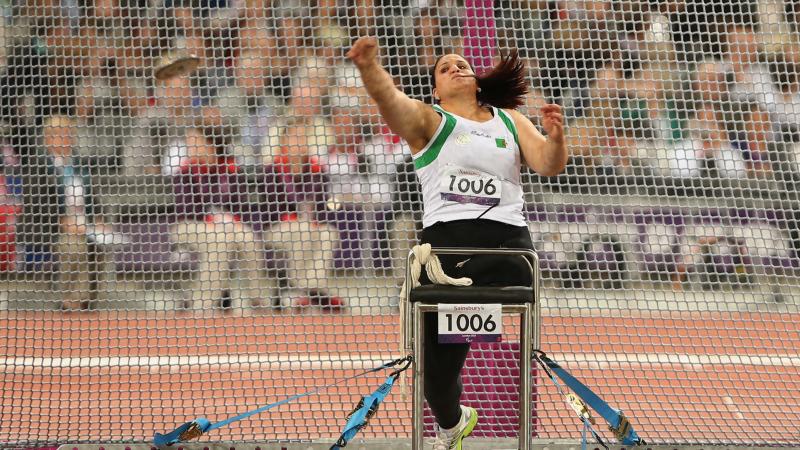 Nassima Saifi of Algeria competes in the Women's Discus Throw - F57/58 Final at the London 2012 Paralympic Games Nassima Saifi of Algeria competes in the Women's Discus Throw - F57/58 Final at the London 2012 Paralympic Games