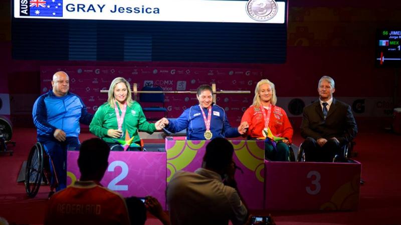 Women's up to 67kg podium Mexico City 2015 Athletes from Chile, Brazil and Australia won medals at the 2015 IPC Powerlifting Open Americas Championships