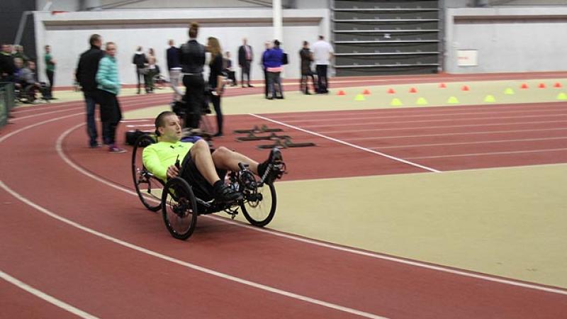 2015 National Paralympic Day Iceland Handcyclist cycling on a track