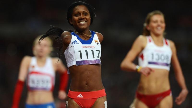 Yunidis Castillo Yunidis Castillo of Cuba celebrates as she wins gold in the Women's 100m T46 Final at the London 2012 Paralympic Games.