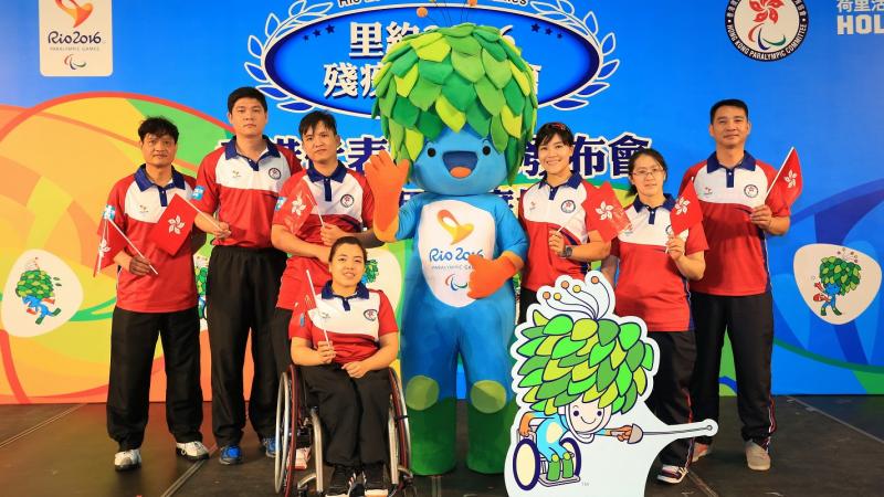 Hong Kong Rio 2016 team Seven athletes posing with Rio 2016 Tom mascot