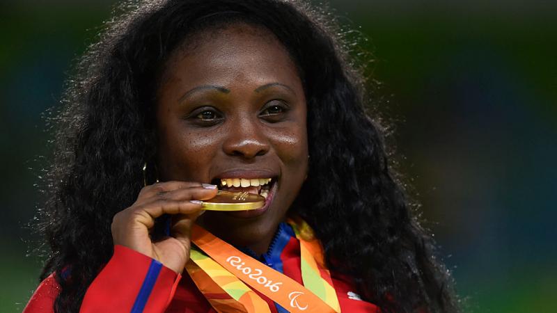 Dalidaivis Rodriguez - Rio 2016 Gold medalist Dalidaivis Rodriguez of Cuba celebrate on the podium at the medal ceremony for the the Women - 63 kg Judo during day 2 of the Rio 2016 Paralympic Games.