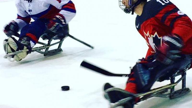 Torino International Para Ice Hockey Tournament 2017 Canada v Norway Two Para ice hockey players duel on the ice