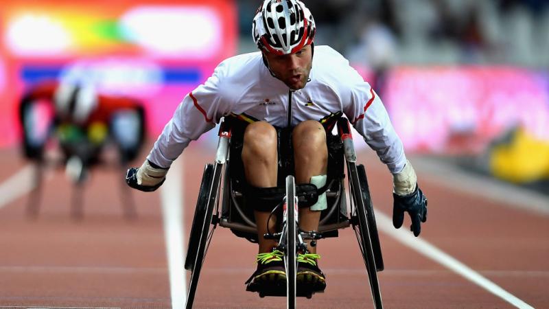 Peter Genyn of Belgium Peter Genyn of Belgium crosses the line to win the Mens 100m T51 final at London 2017 World Para Athletics Championships.
