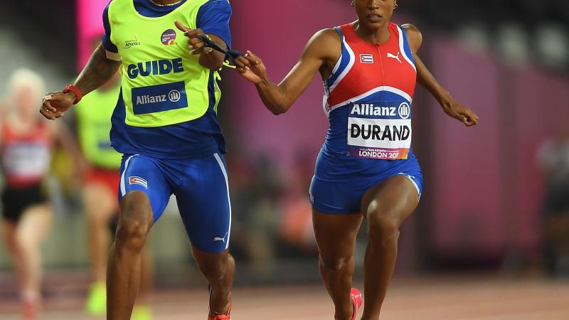 Omara Durand of Cuba Omara Durand of Cuba crosses the line to win the Women's 100m T12 Final at the London 2017 World Para Athletics Championships.