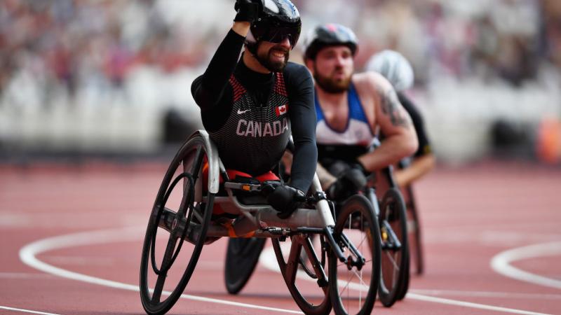 Brent Lakatos of Canada Brent Lakatos of Canada crosses the line to win in the Mens 100m T53 final at the London 2017 Para Athletics Championships.