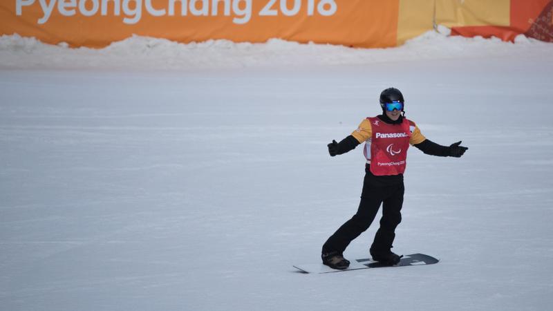 Matti Suur-Hamari from Finland, gold medallist in the men's snowboard cross SB-LL2 Athlete competing in snowboard