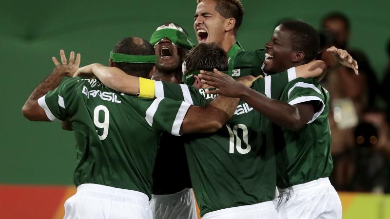 Footbal 5-a-side - Brazil - Rio 2016 Paralympic Games Five Brazilian blind football players celebrating