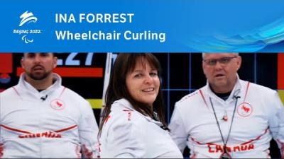 Video Thumbnail of Ina Forrest alongside her team and text , "Beijing 2022 Ina Forrest wheelchair curling". 