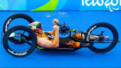 Video Thumbnail of a male Para triathlon athlete in action. 
