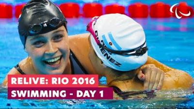 Video Thumbnail of two female Para swimmers embracing each other and text "Relive: Rio 2016 Swimming - Day 1 
