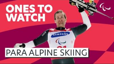Video Thumbnail of male Para alpine skiing athlete upfront and with text "Ones to Watch Para alpine skiing".