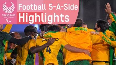 Video Thumbnail of the brazilian blind football team huddling and text, "Football 5-A-Side Highlights".